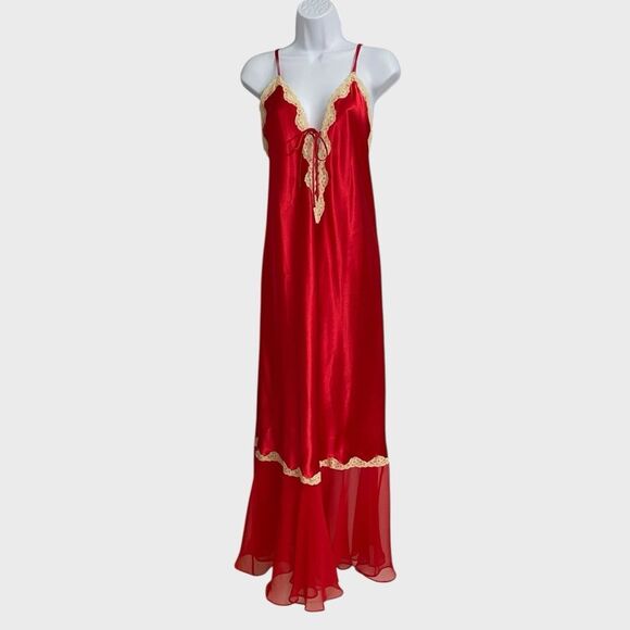 Vintage Fantasies by Morgan Taylor Red Satin Lace Nightgown Slip Dress Size L - Picture 1 of 15